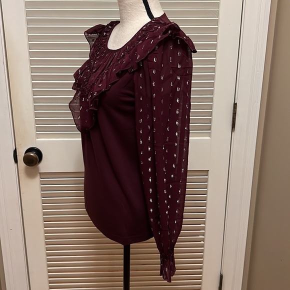Loft Shimmer Dotted Ruffle Yoke Mixed Media Top in Crushed Blackberry, Size Med - Picture 11 of 17